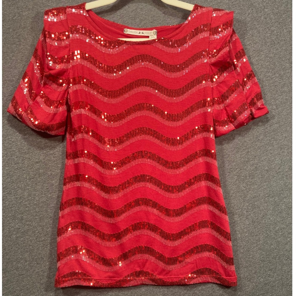 Chelsea & Violet Red Sequin Wavy Stripe Puff Sleeve Top Blouse Size M 2C10D78